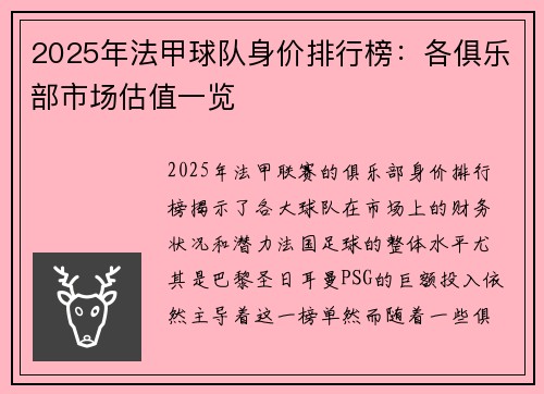 2025年法甲球队身价排行榜：各俱乐部市场估值一览