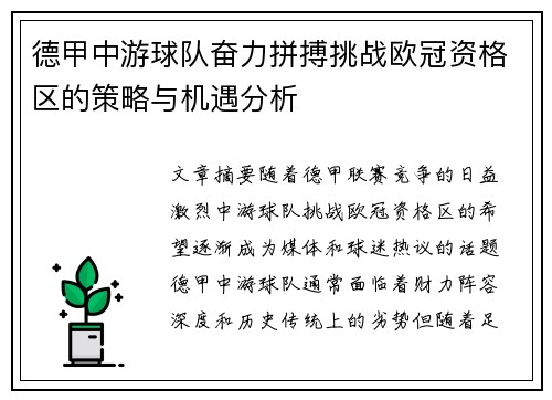 德甲中游球队奋力拼搏挑战欧冠资格区的策略与机遇分析