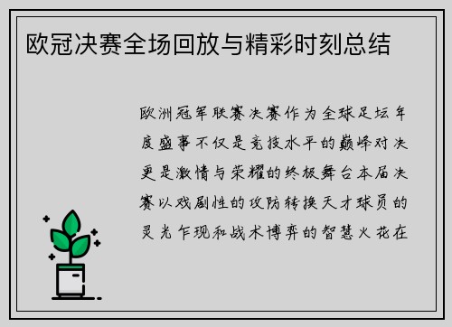 欧冠决赛全场回放与精彩时刻总结