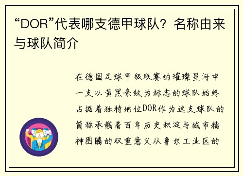 “DOR”代表哪支德甲球队？名称由来与球队简介