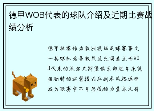 德甲WOB代表的球队介绍及近期比赛战绩分析