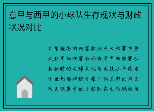 意甲与西甲的小球队生存现状与财政状况对比