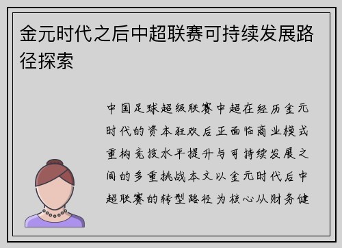 金元时代之后中超联赛可持续发展路径探索